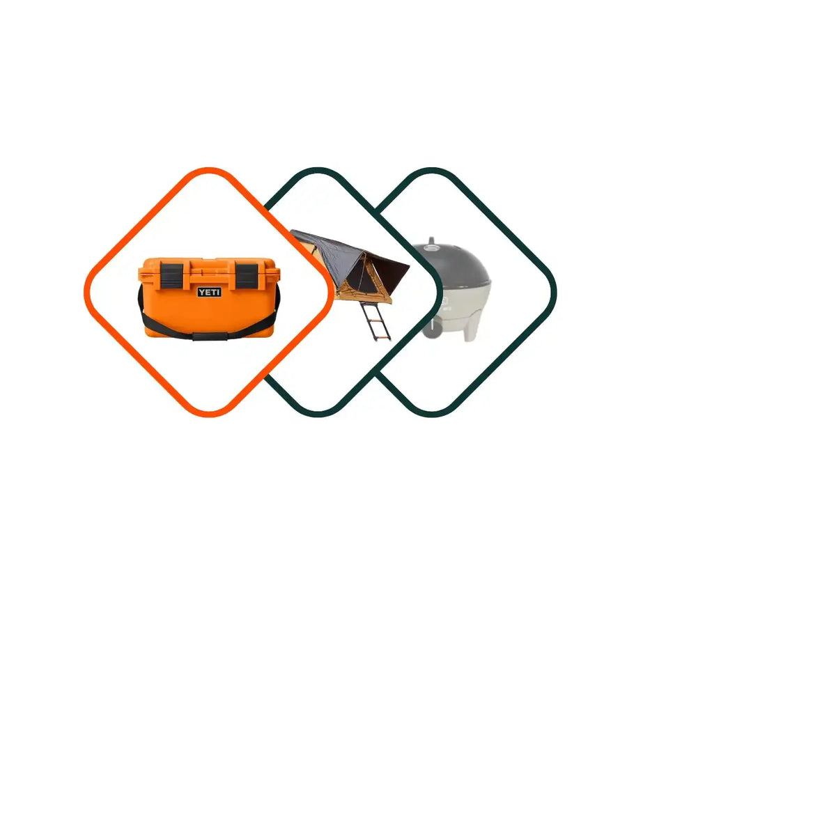 Drei überlappende Diamantformen, die eine orangefarbene Reisetasche, ein Zelt und einen Unterschlupf enthalten.