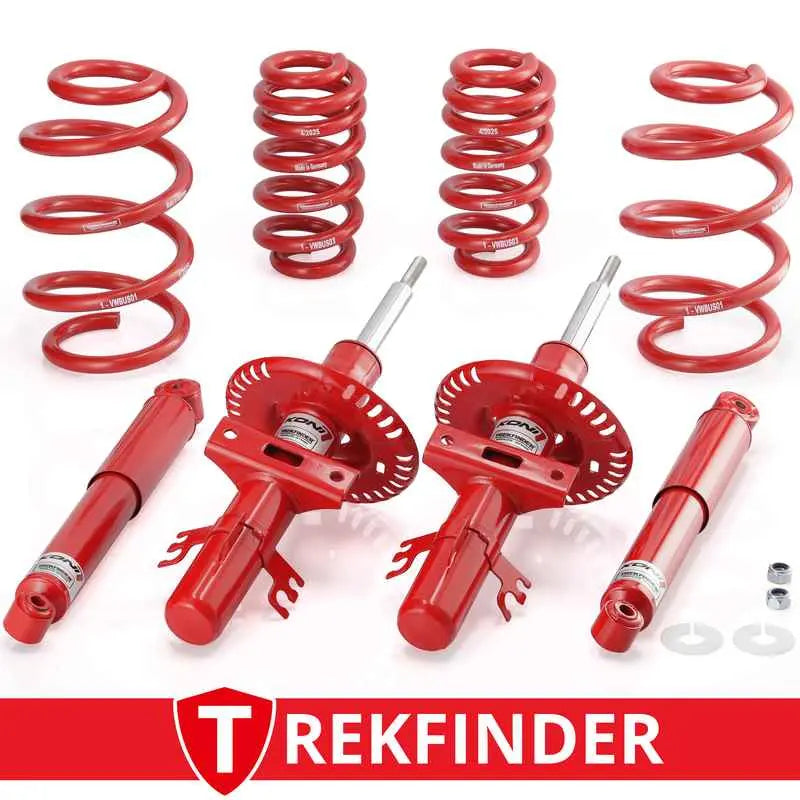 Rotes höherlegungsfahrwerk coilover kit mit stoßdämpfern und federn für bus t5 transporter mit mittlere zuladung im ausgebauten zustand