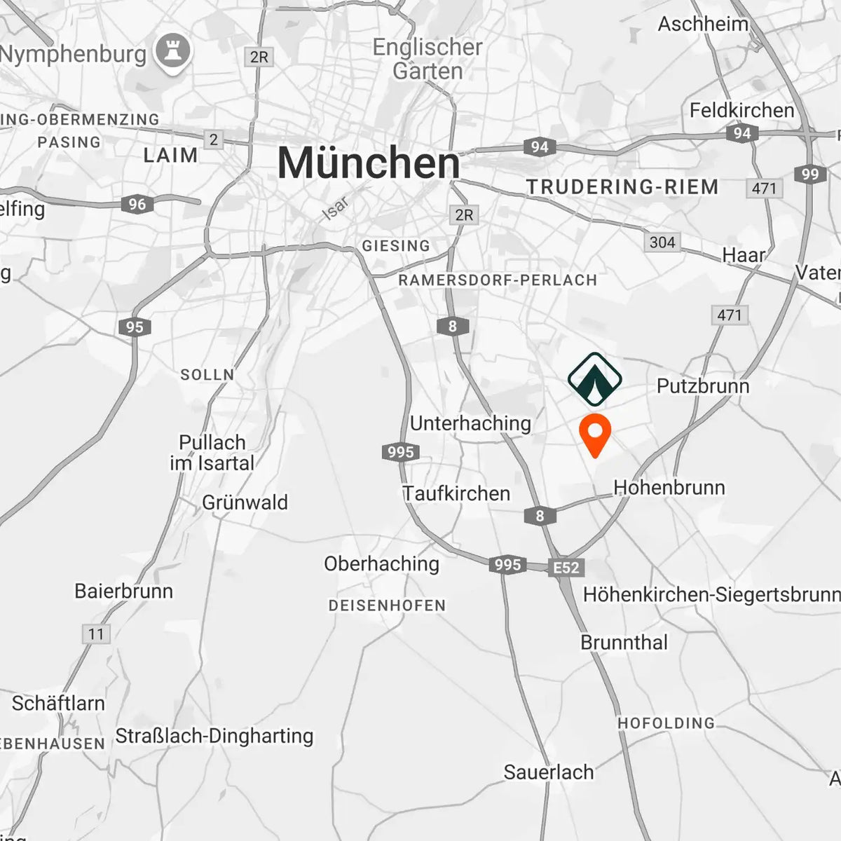 Karte, die München und seine Umgebung in Schwarzweiß zeigt.