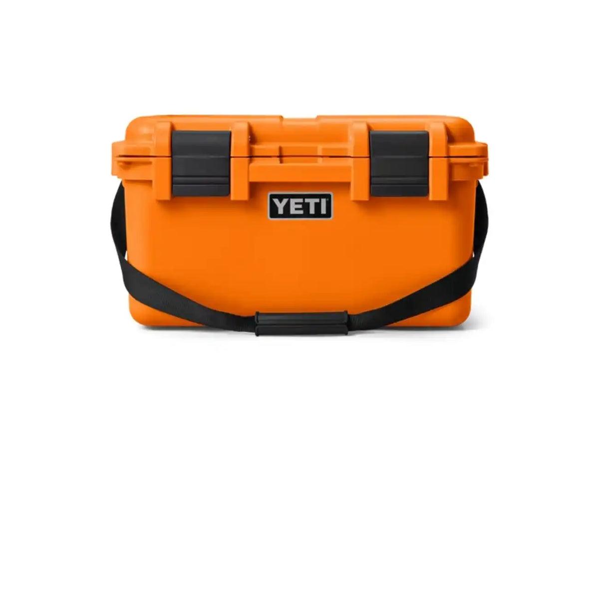 Orangenfarbener YETI-Kühler mit schwarzen Riemen und Verschlüssen.