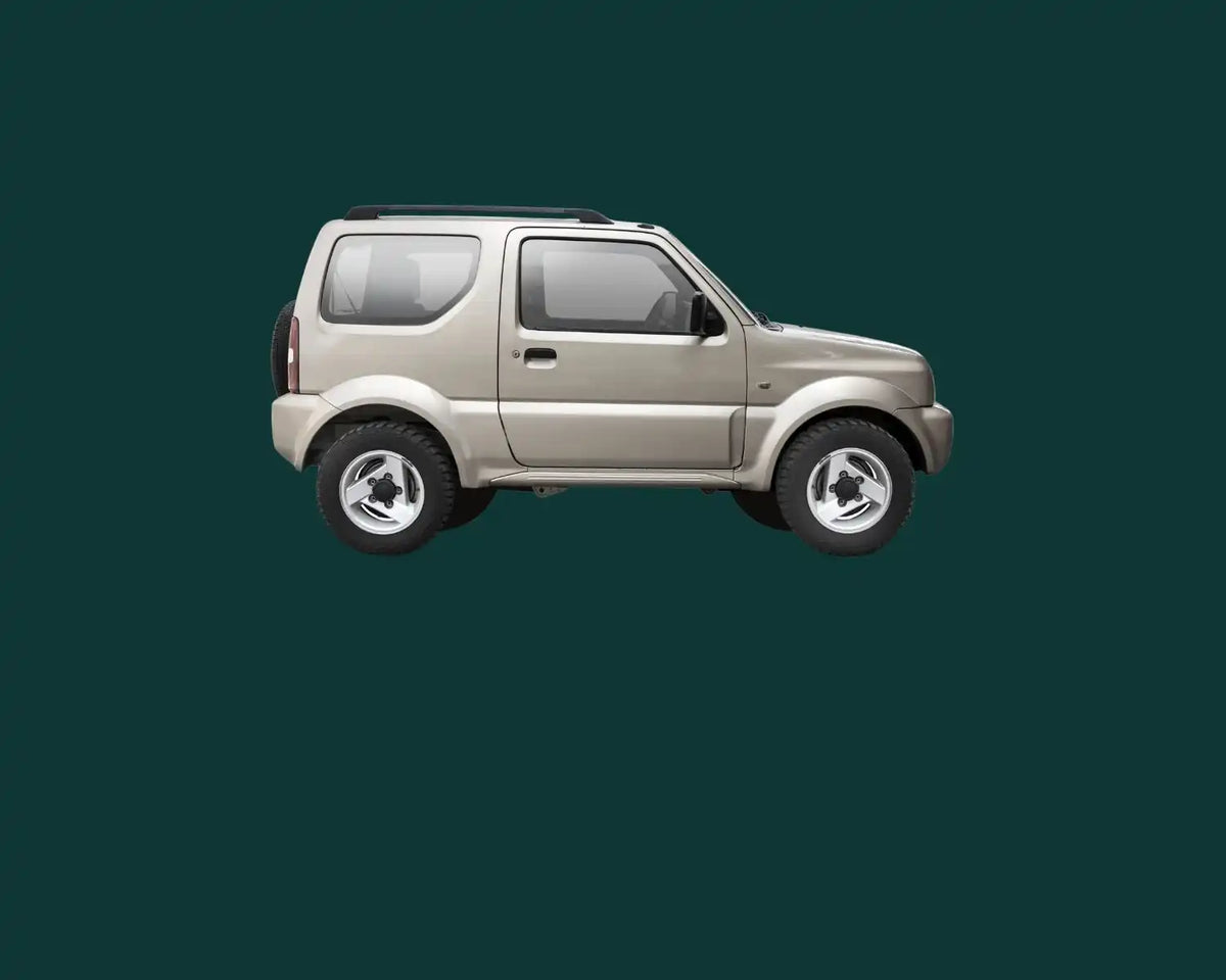 Silberner Suzuki Jimny Kompakt-SUV im Seitenprofil.