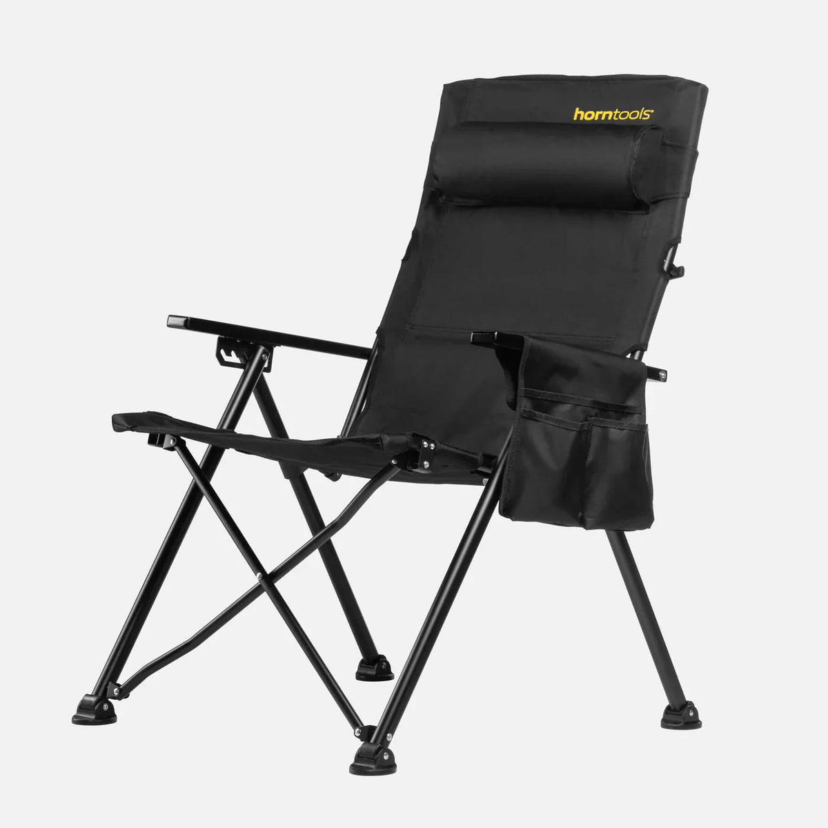 Schwarzer horntools campingstuhl recliner mit gepolstertem kopfteil und seitentasche verstellbarer rückenlehne
