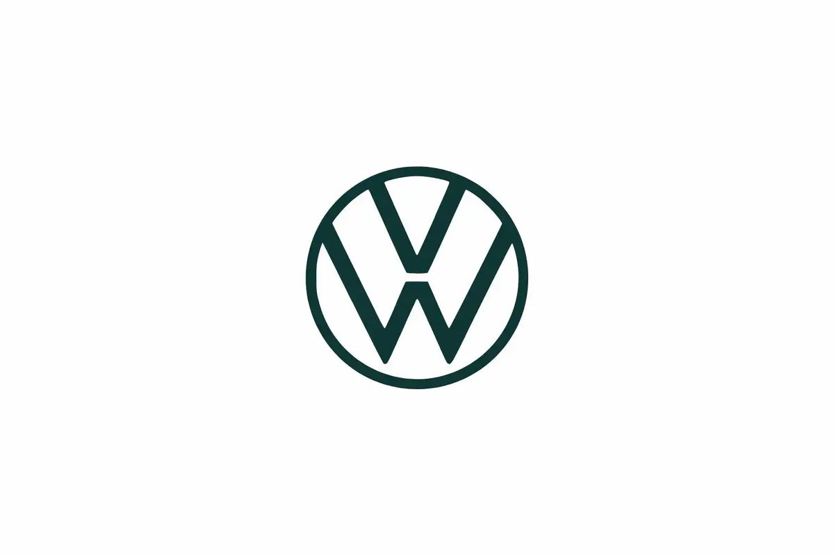 Ein einfaches, dunkelgrünes Volkswagen-Logo, das aus einem V und einem W besteht, die in einem Kreis angeordnet sind.