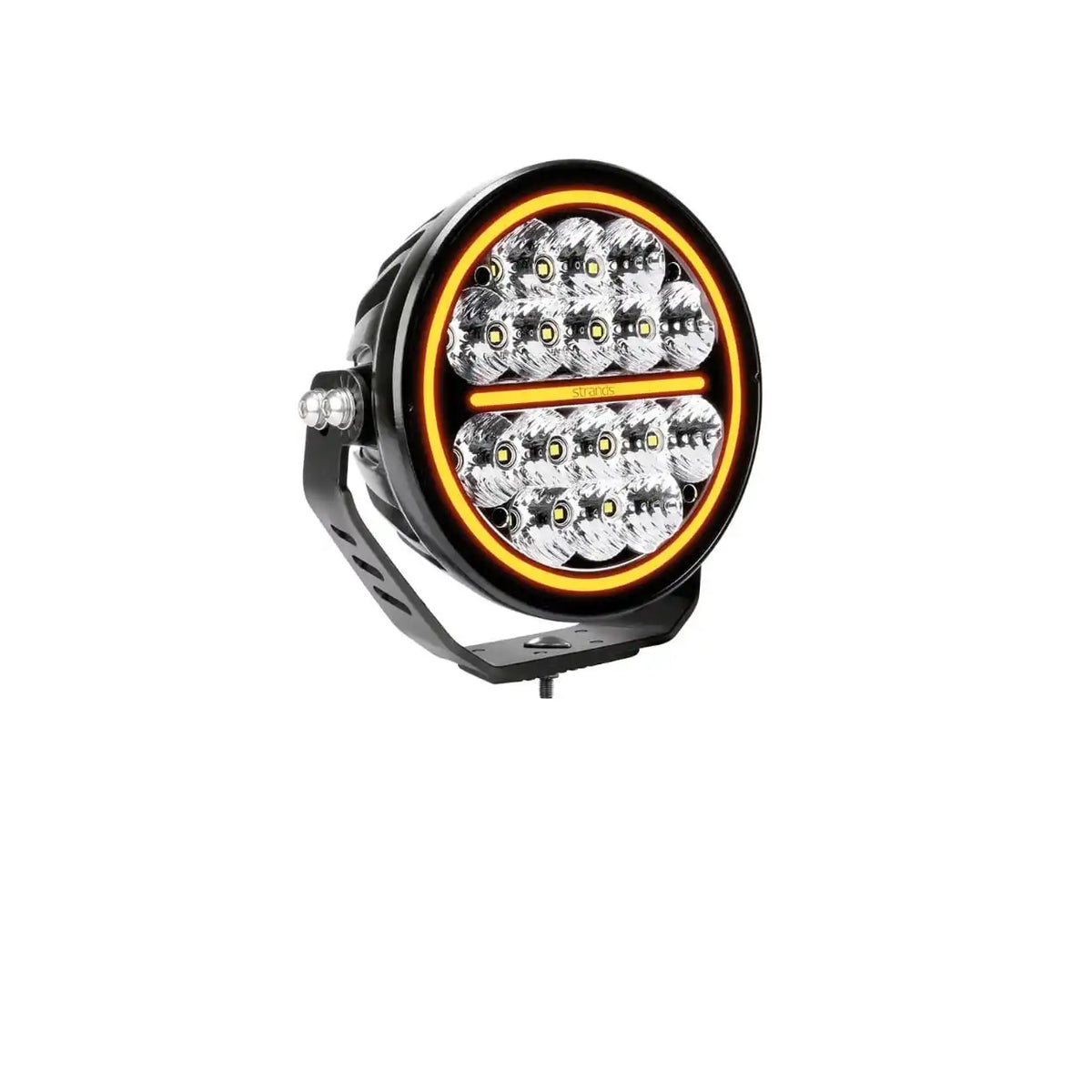 Runde LED-Fahrlicht mit doppelten Reihen heller LEDs und einem orangen Akzentring.